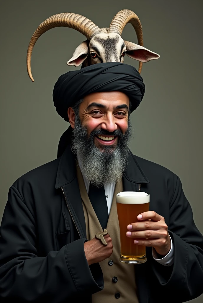 Create Osama Bin Laden with a round face, Caucasian skin, with black jacket, black necktie, with the symbol of Freemasonry drawn on the tie, a black and white goat drawn on the turban, with a glass of beer in hand.
