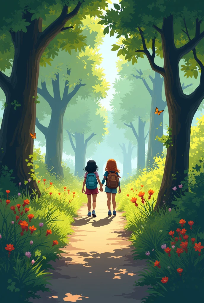 Ayan and Julie walking on an unfamiliar, scenic path outside the village. The path is lined with tall trees and vibrant flowers, and the two explore the beauty around them, unaware of where the path leads.