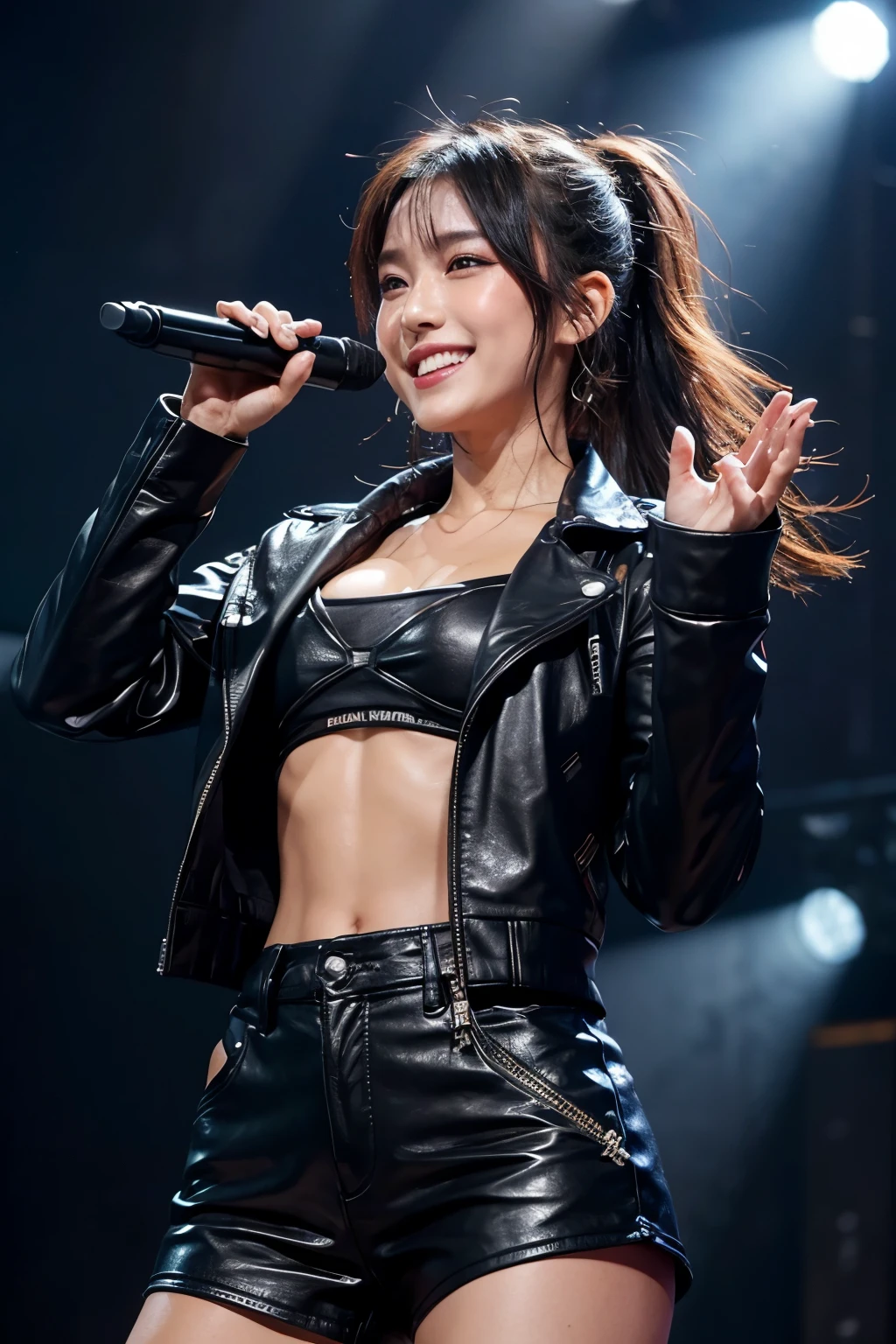 realistic, on the stage of the concert, brightly lit by spotlights on the stage, extremely bright lighting, singing, waving a hand against the audience, wearing black leather jacket and leather short pants, open widely chest, toned abs, very long twin-tail hairstyle, hair is blowing in the wind, hair is shaggy and dishevelled, very sunburned and tanned skin, sweat splashes, slendar figure, heavy and vivid makeup, shaped nose, smooth shaped jawline, glossy face, heavy flushed cheeks, big smile, close up shot