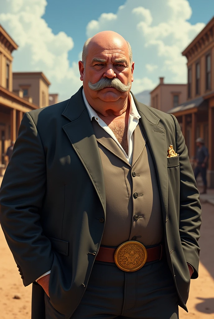 Western character the wealthy man of the town, an older man who is overweight and bald, He has a big mustache