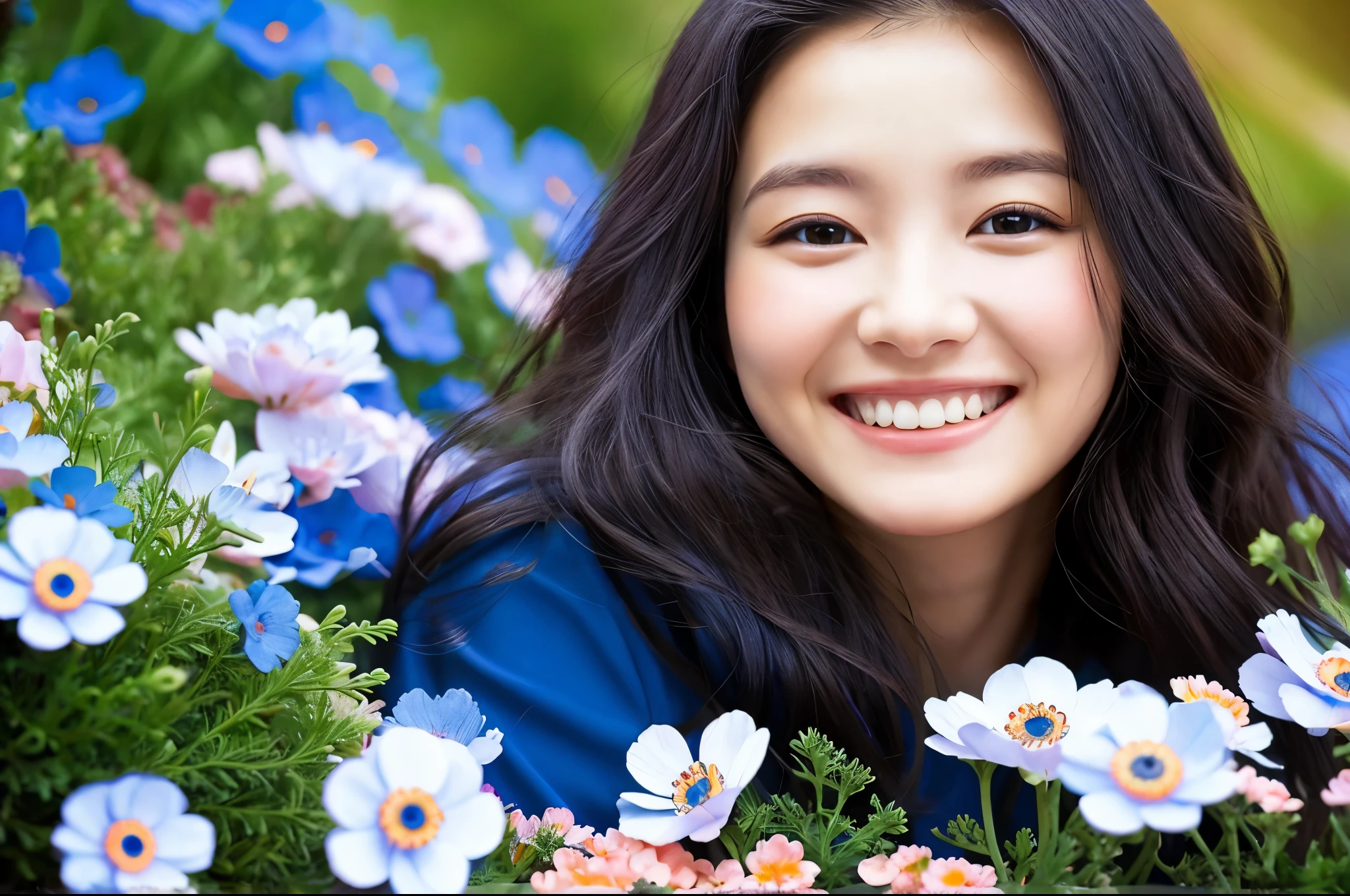 Highest quality masterpiece detailed A very pretty woman is smiling and surrounded by anemone flowers Photo style Real Fantasy Close-up