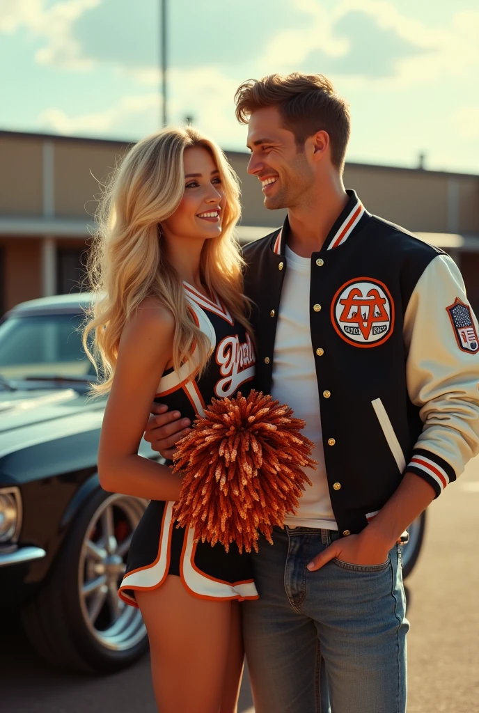 Generate a stereotypical image of American High Schools. A hot blonde cheerleader girl with her Football Captain boyfriend. They should be s. And behind should be a muscle car