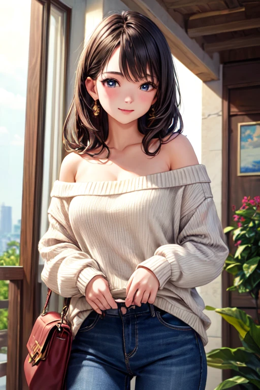 ((best quality)), ((masterpiece)), (detailed), 1girl, off-shoulder sweater,