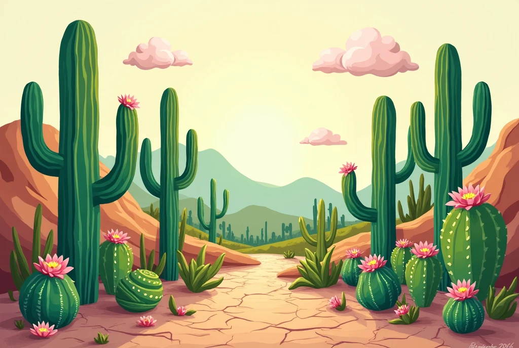 Image of the caatinga in a drawing with green cacti and pink flowers, em 2d, in Cartoon, with a cracked floor, with pastel colors,as if it were a collage