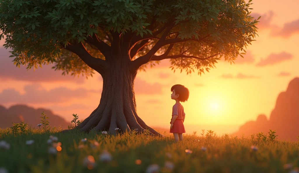((8k)), ((best qualityer)), ((work of art)), (detailded), "Uma pequena e frágil árvore chamada lara, lara, now an imposing tree, is next to a small young tree, who looks at her with admiration. The sun is setting on the horizon, creating a sky of orange and pink tones. lara está 'conversando' com a pequena árvore, transmitting his wisdom about overcoming and the value of difficulties. The scene is calm and serene, with a light breeze gently moving the leaves. O estilo 3D Disney Pixar capta a expressão de serenidade de lara e a admiração da jovem árvore, with details in the warm colors of the sunset and the soft texture of the leaves in the wind.