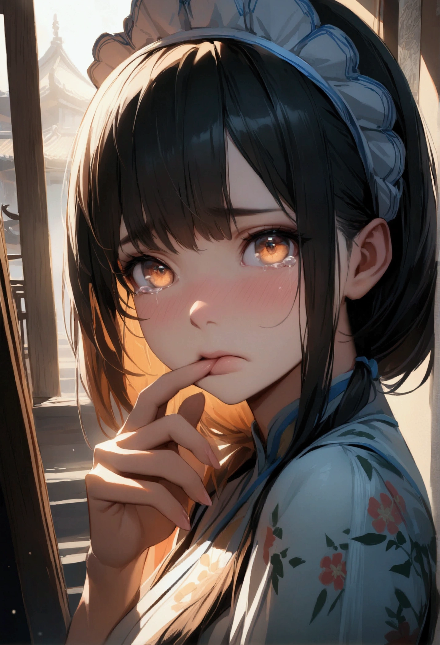 Best Picture Quality, Masterpiece Level, Ultra High Resolution, Realism, Fantasy Theme, Head Close-Up, A Girl, Single, Scatter, Chinese Architecture, Indoor, First-Person Perspective, Phoenix Headdress, Floral Dress, Get Detailed Interior Lighting and Cinematic Lighting, Increase Detailed Overall Ambient Light, Face and Eye Detail, Improve Face Detail Realism, Clear Sharp Focus, Sobbing, Mouth Biting, Frowning, Bright Eyes, Simple Background, Sony Master Lens.