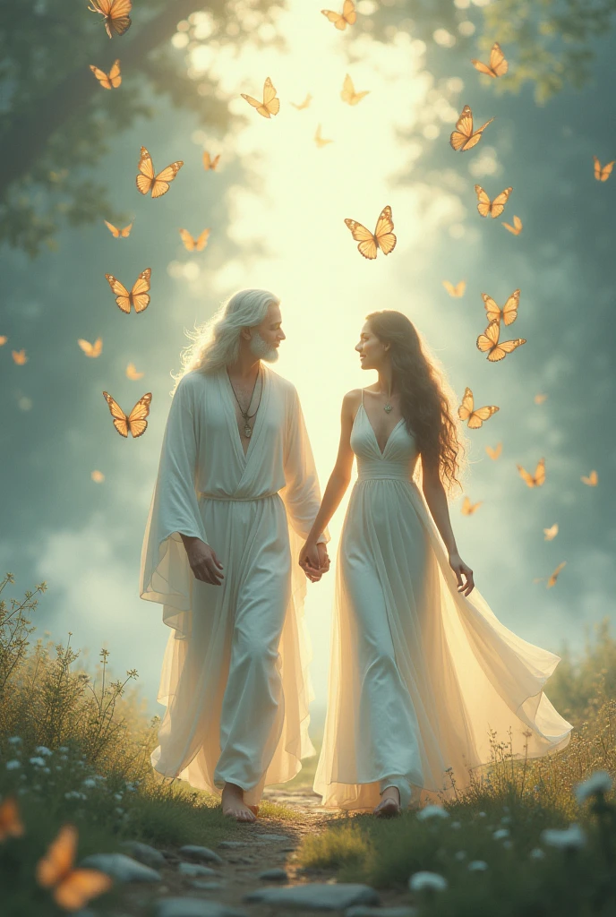 An image of a woman walking hand in hand with God and butterflies around her