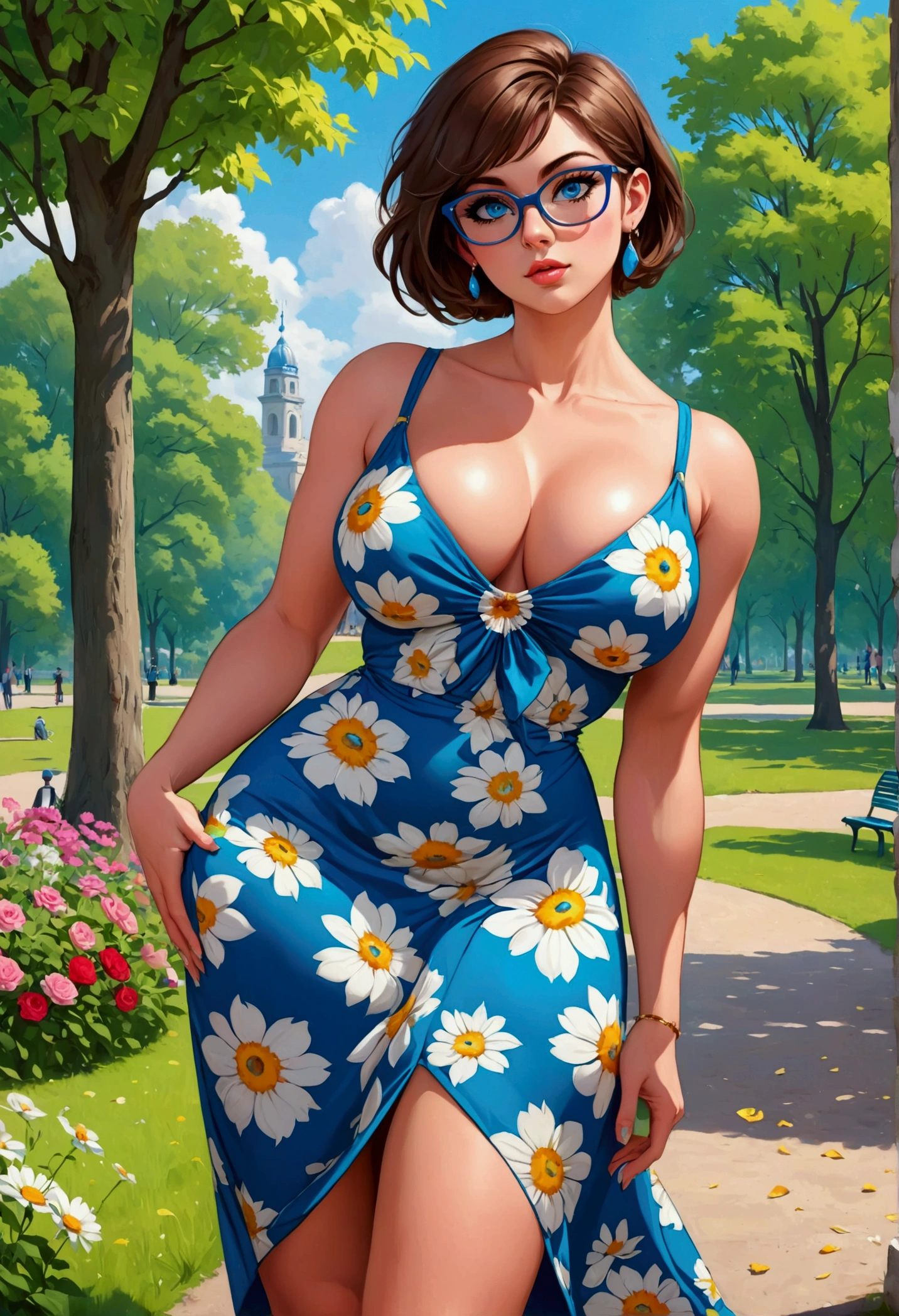 20 years old woman, Short brown hair, Méditerranéenne aux blue eye, Generous and heavy breasts, slender waist, estomac defini, fesses rebondies et pulpeuses, naturally curved, muscular thighs, aguicheuse, in a park, in a long floral dress , lunettes, earrings , blue eye, heels