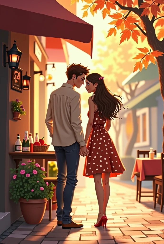 **Action:** The couple walks hand-in-hand, their fingers intertwined. They pause beside a charming little café with outdoor seating. The woman leans in close to the man, resting her head on his shoulder. He gently tilts her chin up, looking deeply into her eyes.
