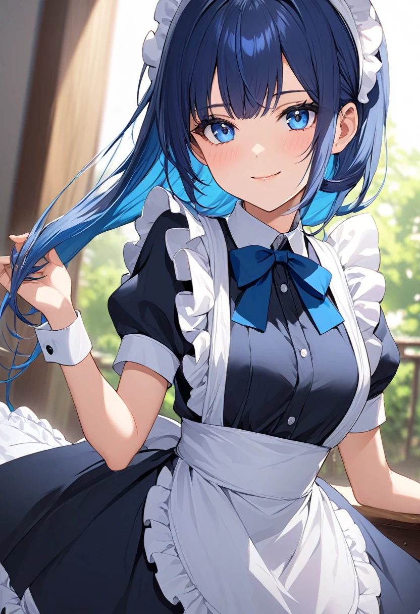 maid、青のmaid服、blue eyes、Beautiful deep blue hair、Small smile