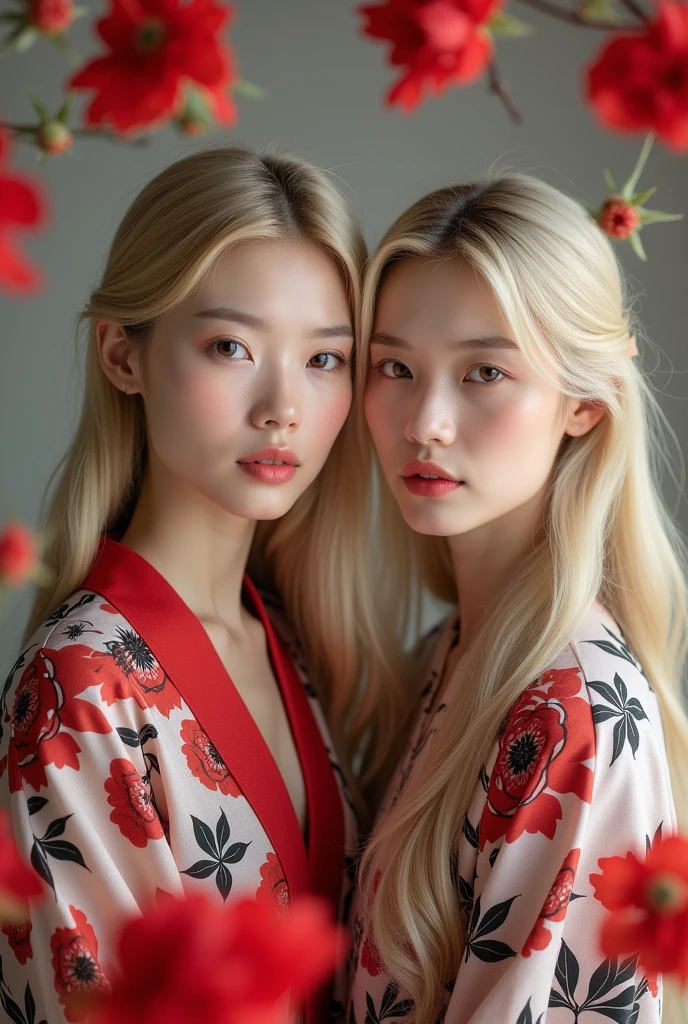 A stunning high-quality portrait photograph of a 2 Chinese woman with striking features. Her fair skin contrasts with her long, wavy blonde hair, and she sports delicate facial features, including full lips that naturally showcase a soft pink hue and light brown eyes. The subject dons a captivating floral-patterned garment in red, white, and black, which creates a vibrant contrast against the soft, neutral background. The composition is further enhanced by the dreamy and ethereal effect of blurred red flowers in the foreground. The lighting is expertly executed, casting a soft, natural glow that accentuates the subject's serene expression and the intricate details of her attire and surroundings.