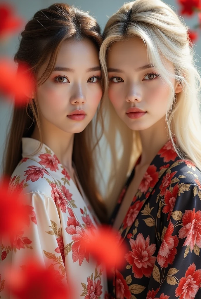 A stunning high-quality portrait photograph of a 2 Chinese woman with striking features. Her fair skin contrasts with her long, wavy blonde hair, and she sports delicate facial features, including full lips that naturally showcase a soft pink hue and light brown eyes. The subject dons a captivating floral-patterned garment in red, white, and black, which creates a vibrant contrast against the soft, neutral background. The composition is further enhanced by the dreamy and ethereal effect of blurred red flowers in the foreground. The lighting is expertly executed, casting a soft, natural glow that accentuates the subject's serene expression and the intricate details of her attire and surroundings.