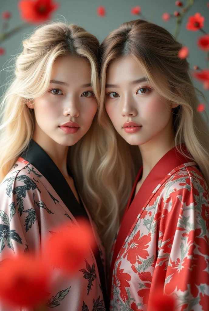 A stunning high-quality portrait photograph of a 2 Chinese woman with striking features. Her fair skin contrasts with her long, wavy blonde hair, and she sports delicate facial features, including full lips that naturally showcase a soft pink hue and light brown eyes. The subject dons a captivating floral-patterned garment in red, white, and black, which creates a vibrant contrast against the soft, neutral background. The composition is further enhanced by the dreamy and ethereal effect of blurred red flowers in the foreground. The lighting is expertly executed, casting a soft, natural glow that accentuates the subject's serene expression and the intricate details of her attire and surroundings.