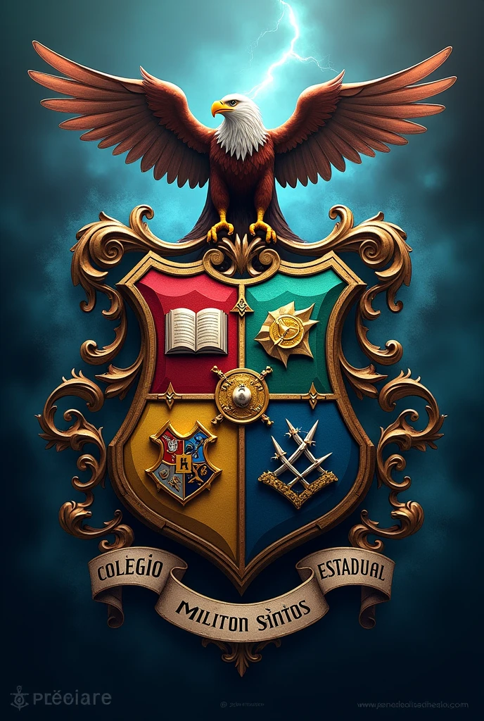 a school coat of arms with the name Colégio Estadual Milton Santos, inspired by Harry Potter