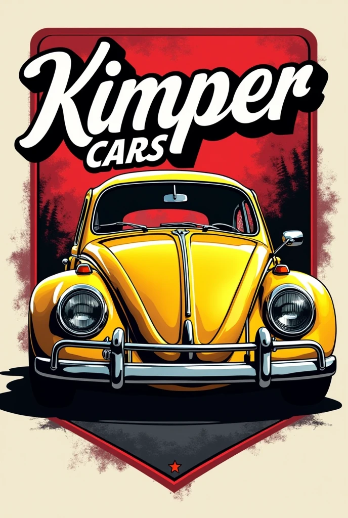Automotive workshop logo, Kimper cars with letters that say Kimper cars with a yellow beetle car letter color. red and black