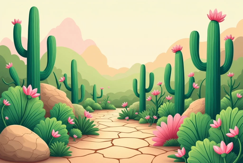 Image of the caatinga in a drawing with green cacti and pink flowers, em 2d, in Cartoon, with a cracked floor, with pastel colors,as if it were a paper collage