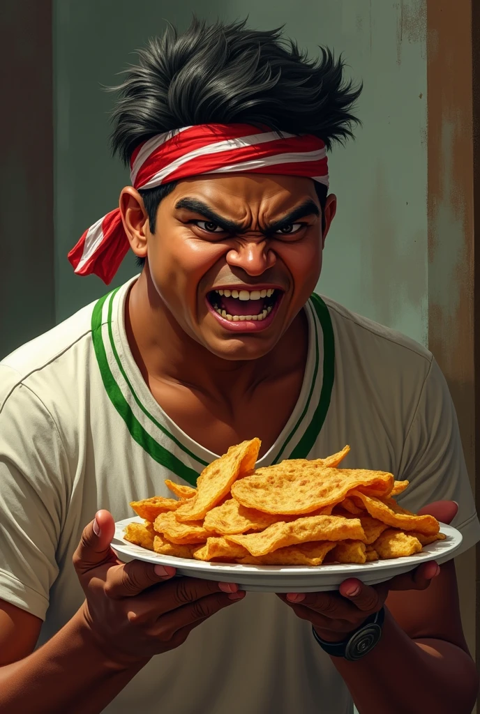 a man portrait india. eat food holding food. fat boy . chubby face. 20 year old. thin body shape face. dark skin. man . Anger face. Open mouth. wear headband red whitr. . wearing an (green red stripe jacket) future shirt . anger faces,very short hairstyle .