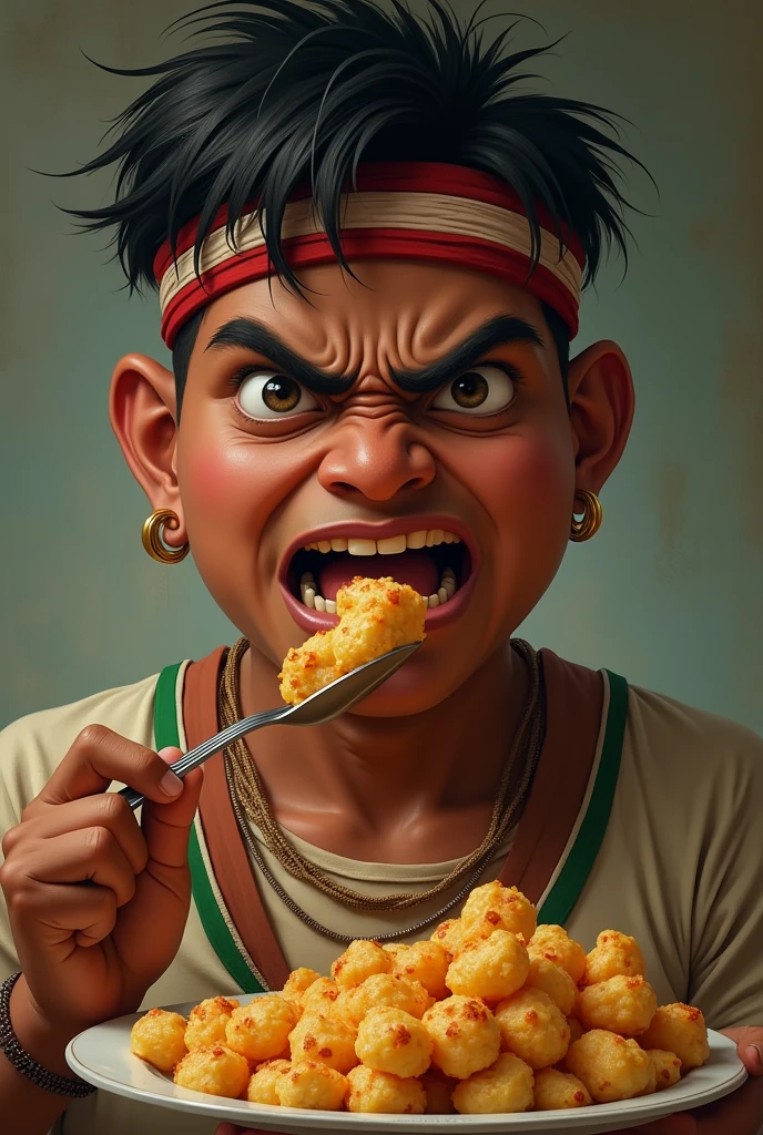 a man portrait india. eat food holding food. fat boy . chubby face. 20 year old. thin body shape face. dark skin. man . Anger face. Open mouth. wear headband red whitr. . wearing an (green red stripe jacket) future shirt . anger faces,very short hairstyle .