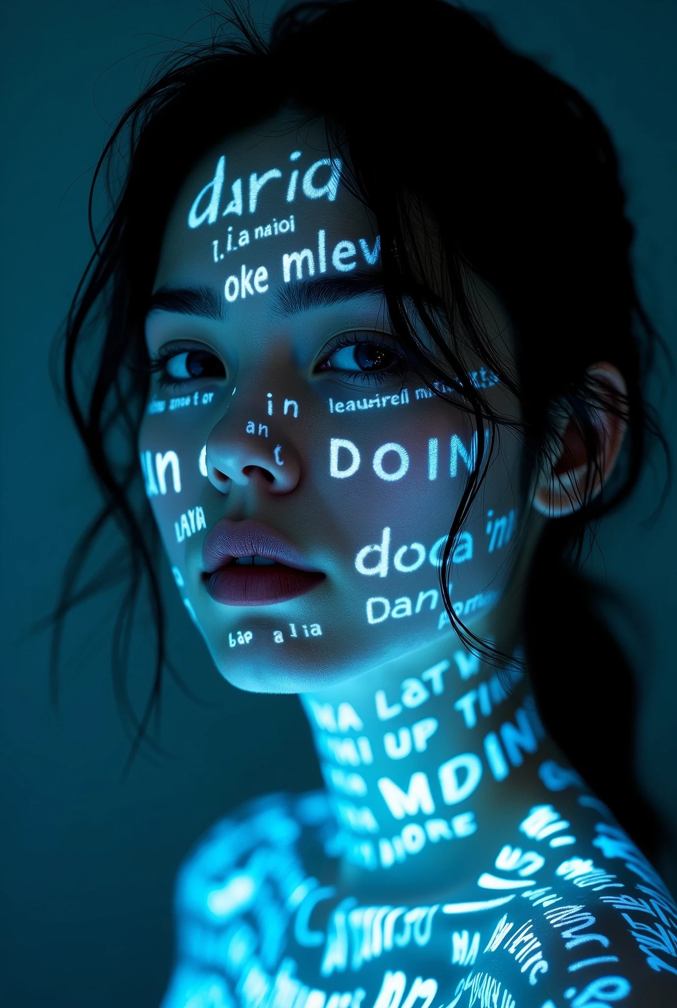 A striking and futuristic portrait of a young woman, with light projection creating a mesmerizing visual effect. The glowing text in various languages or scripts is scattered across her face and upper body, illuminating her with bright blue and white hues against a dark background. Her calm, introspective expression and gazing eyes draw the viewer in, while her slightly parted lips convey contemplation or communication. The soft shadows and three-dimensional quality of her face emphasize the image's depth and mystery. Her damp, tousled hair merges into the background, highlighting the illuminated text and her penetrating gaze. The image embodies themes of knowledge, identity, and the merging of digital and physical worlds, creating a powerful and thought-provoking cinematic experience.