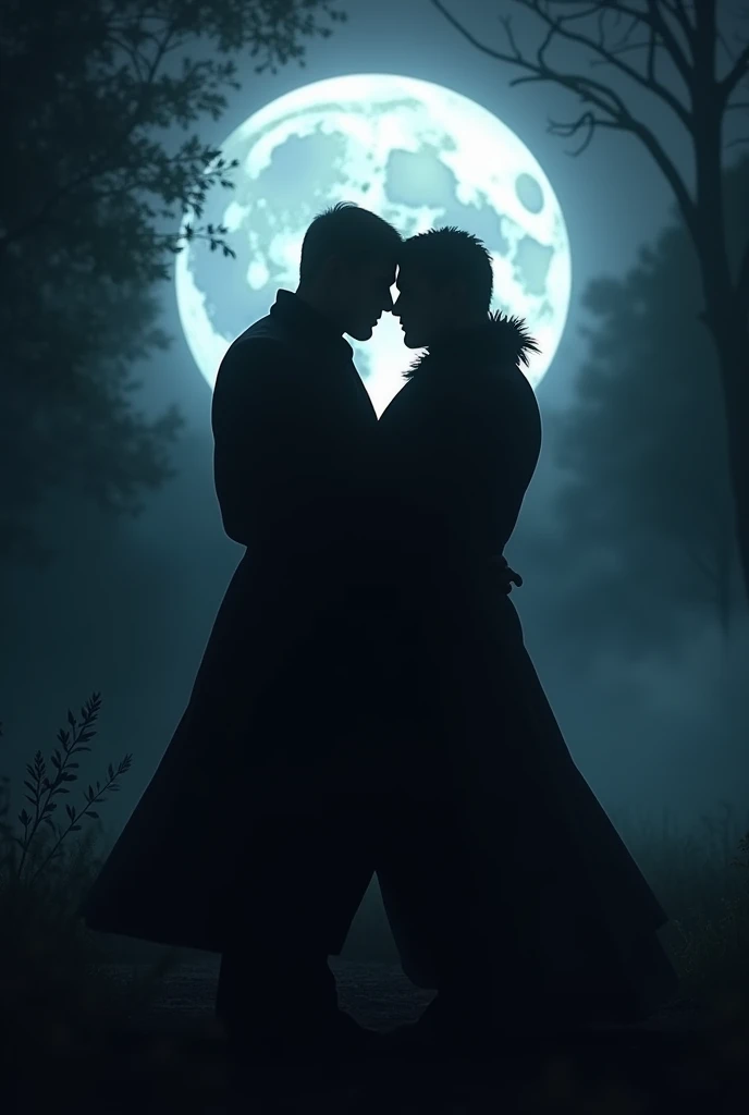 Two men who don&#39;t show their faces kissing in the shadows under a full moon