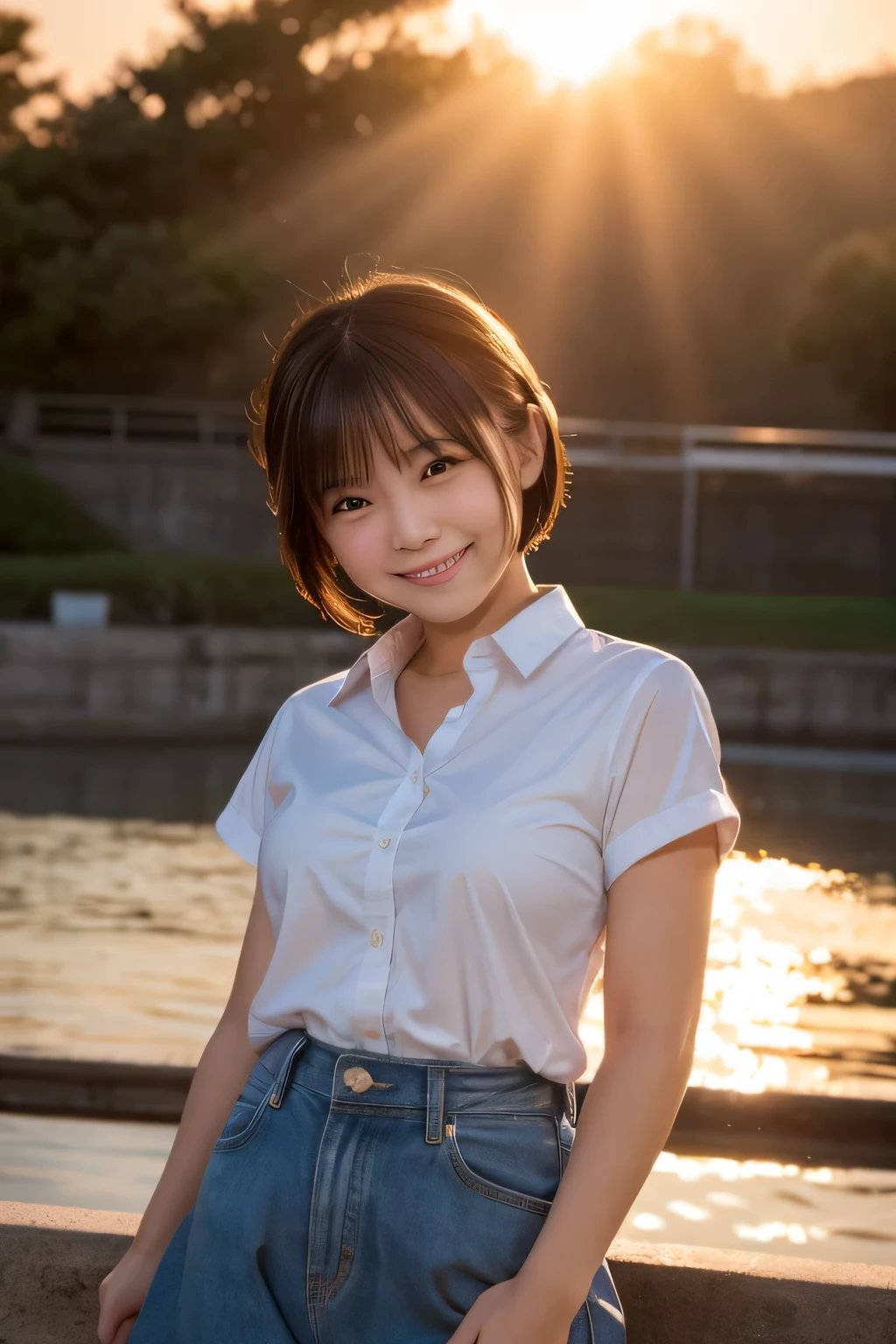 highest quality, masterpiece, Ultra-high resolution, (Reality: 1.4), Original photo, 1 woman, mature, happy smile, short hair, plump body, , Cinema Lighting, from below, ゆったりとしたライトブルーのシャツ, sunset, cowboy shot、High school girls after school