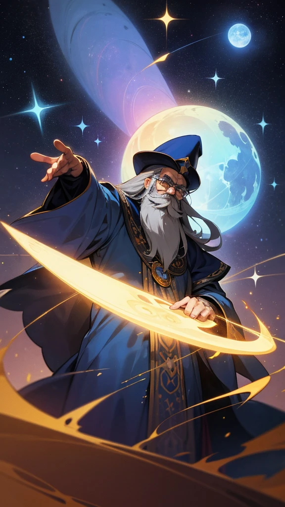 An old gray-haired astrologer wizard with a long beard, colorful mustache, round glasses and a pointed hat, in blue robes with a starry tint and magical glow surrounded by astronomical objects, similar to Khadgar from Warcraft