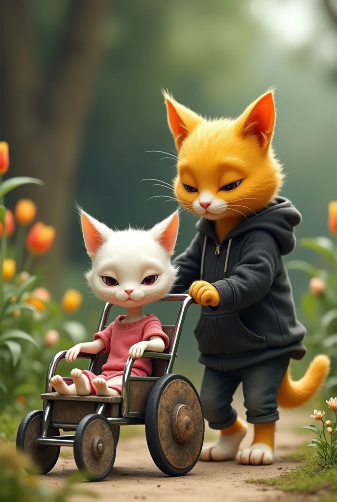 A white bony cat dressed in pink top is brought in wheelchair by a yellow cat dressed in tattered black hoodie and black jeans in garden