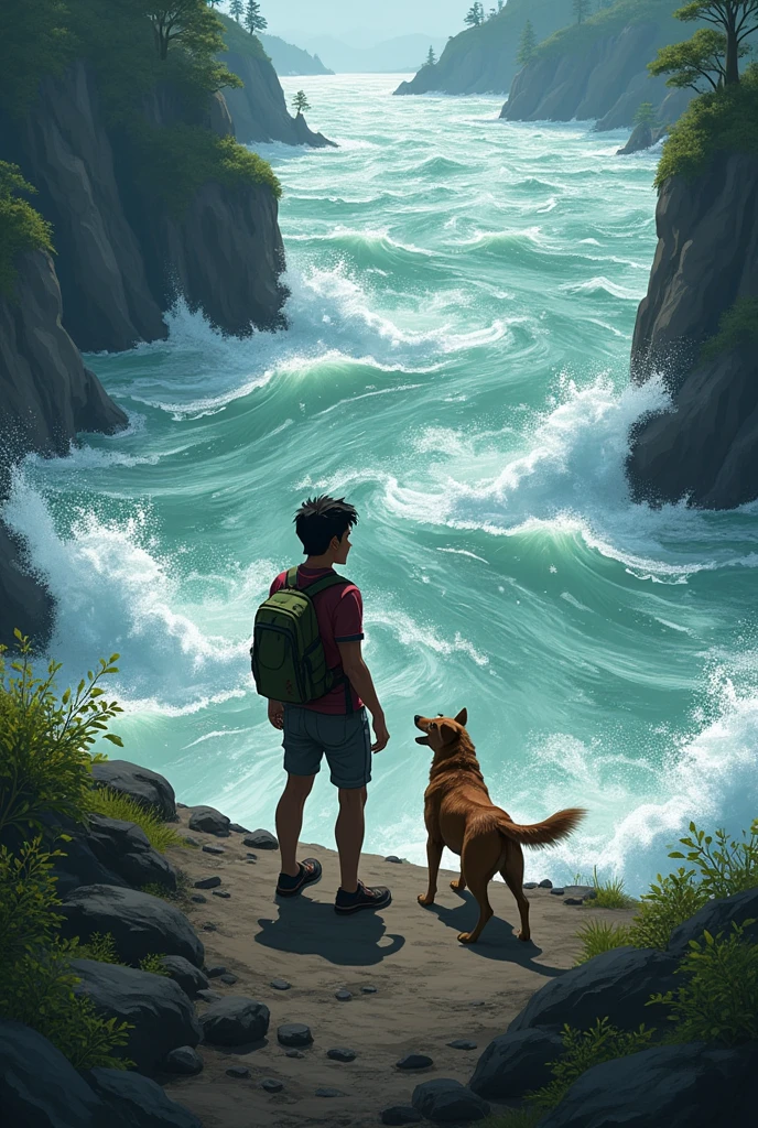 A dramatic scene where Ayan and Julie find themselves in front of a large, fast-flowing river. Julie is alert and barking, while Ayan looks concerned, realizing they have lost their way.