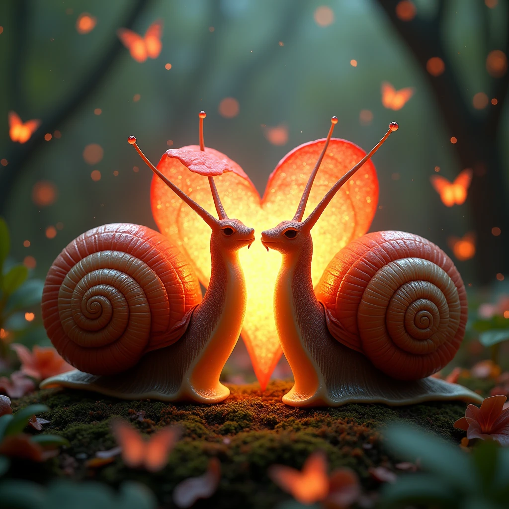 Two fantasy alien snails in love, Red glowing heart shell, Love is everywhere, Very detailed, Realistic texture, Complex, Tiny glowing heat flies ,