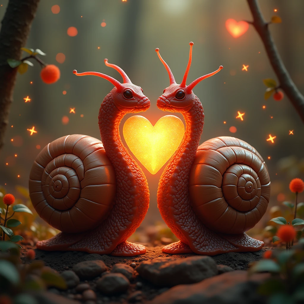 Two fantasy alien snails in love, Red glowing heart shell, Love is everywhere, Very detailed, Realistic texture, Complex, Tiny glowing heat flies ,