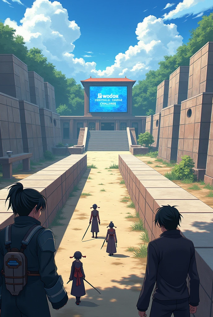 The training grounds are set up with various obstacles. A large screen displays the first challenge: "Obstacle Course Challenge." In anime style.