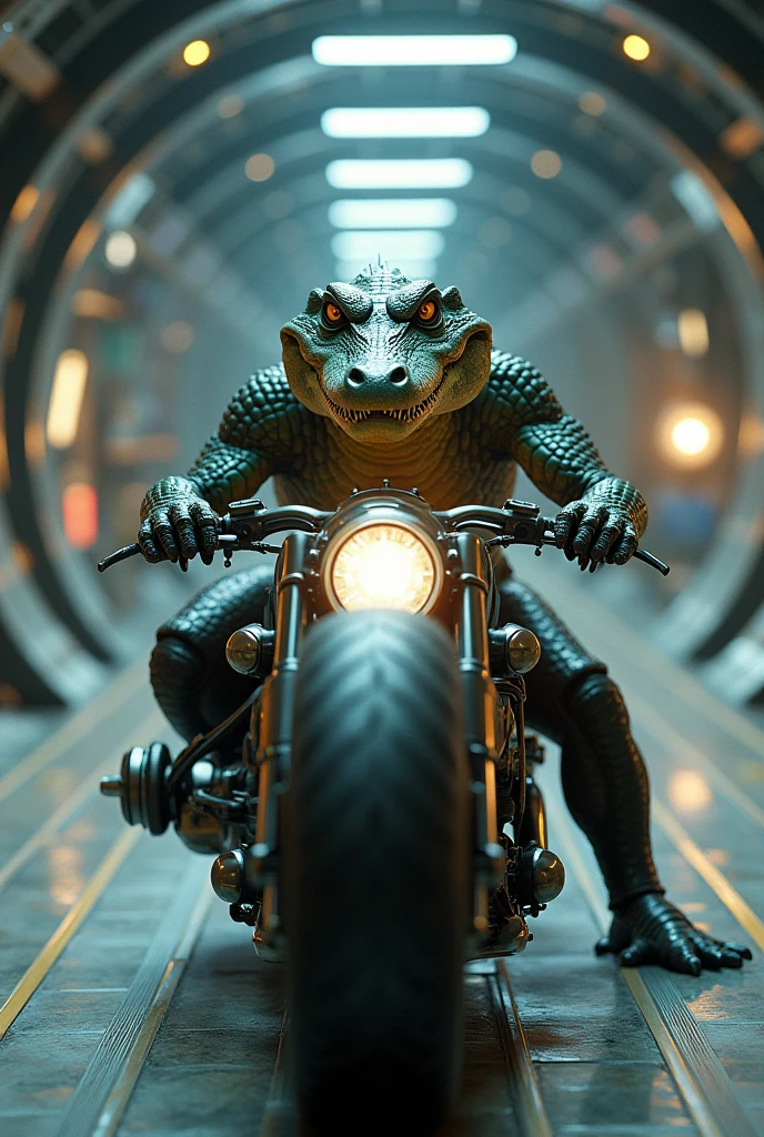 Alligator riding a motorcycle in a flying saucer, real photografic