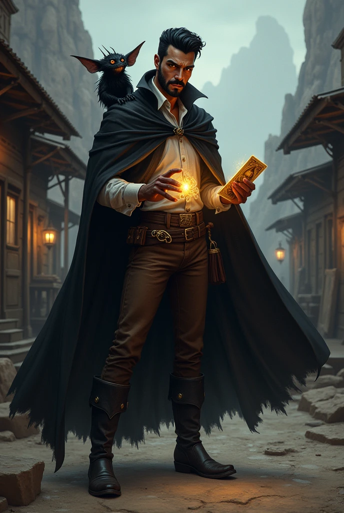 I would like a man with a slightly darker style. He has black hair styled into a pompadour, a short beard, brown eyes, and a dark cloak covering his body like batman. Underneath, he wears a dress shirt, brown pants, boots with spurs, and a dark glowing deck in his hand. He also has a shadowy creature on his shoulder that resembles a gremilim. I would like him to have a mature style and for the art to be in a fantasy RPG style set in the Old West.
