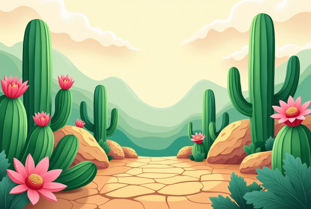 Image of the caatinga in a drawing with green cacti and pink flowers, em 2d, in Cartoon, with a cracked floor, with pastel colors,as if it were a paper collage