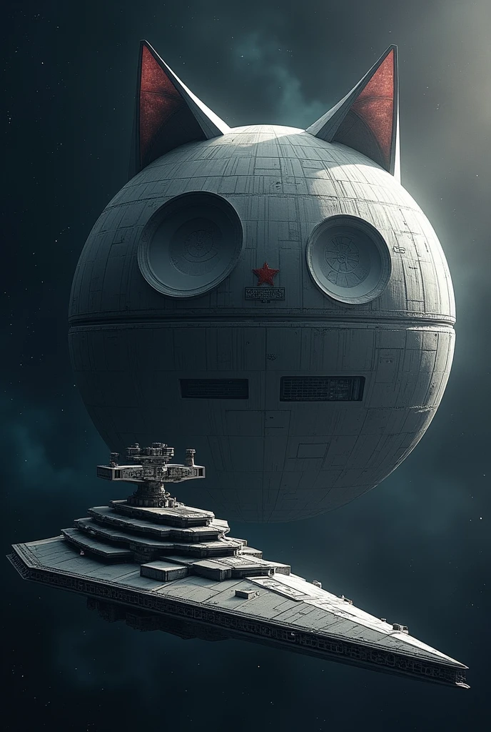 The Death Star from Star Wars is shaped like a cat&#39;s head、A Star Destroyer flies nearby..dramatic,4K