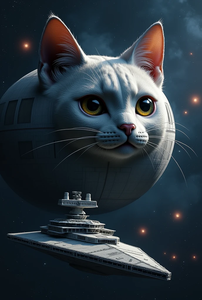 The Death Star from Star Wars is shaped like a cat's head、A Star Destroyer flies nearby..dramatic,4K