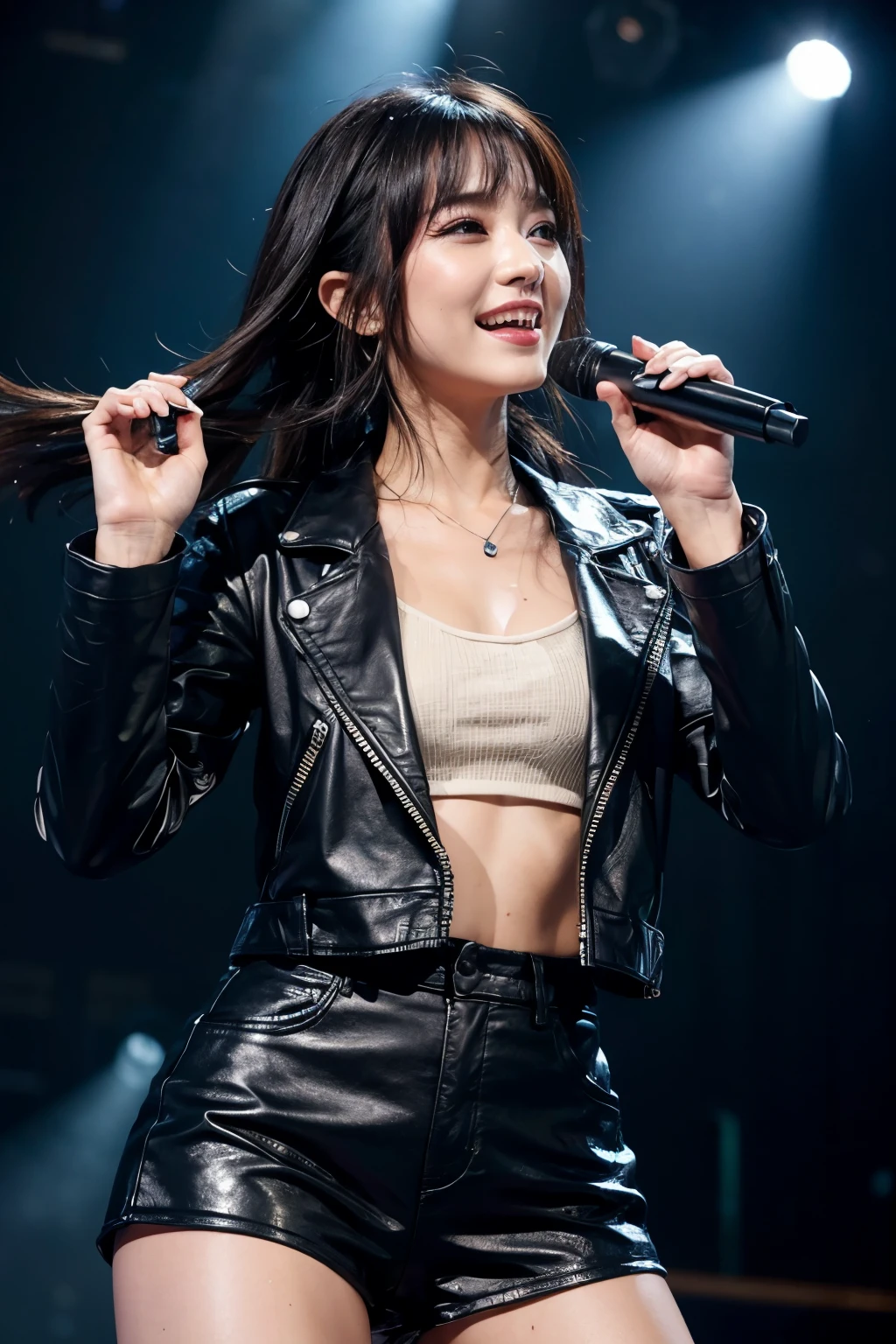 realistic, on the stage of the concert, brightly lit by spotlights on the stage, extremely bright lighting, singing, waving a hand against the audience, wearing black leather jacket and leather short pants, open widely chest, very long twin-tail hairstyle, hair is blowing in the wind, hair is shaggy and dishevelled, very sunburned and tanned skin, sweat splashes, slendar figure, heavy and vivid makeup, shaped nose, smooth shaped jawline, glossy face, heavy flushed cheeks, big smile, close up shot