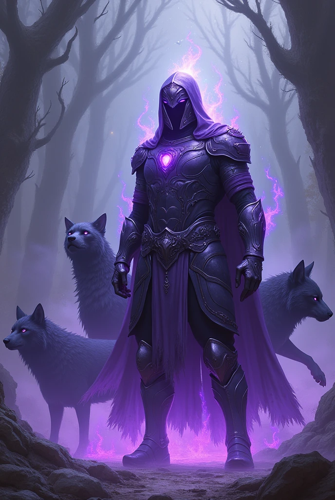 An RPG ranger who commands various mystical animals. Shiny purple armor, not too heavy so as not to limit your movements.
The animals that accompany him are formed from black shadows