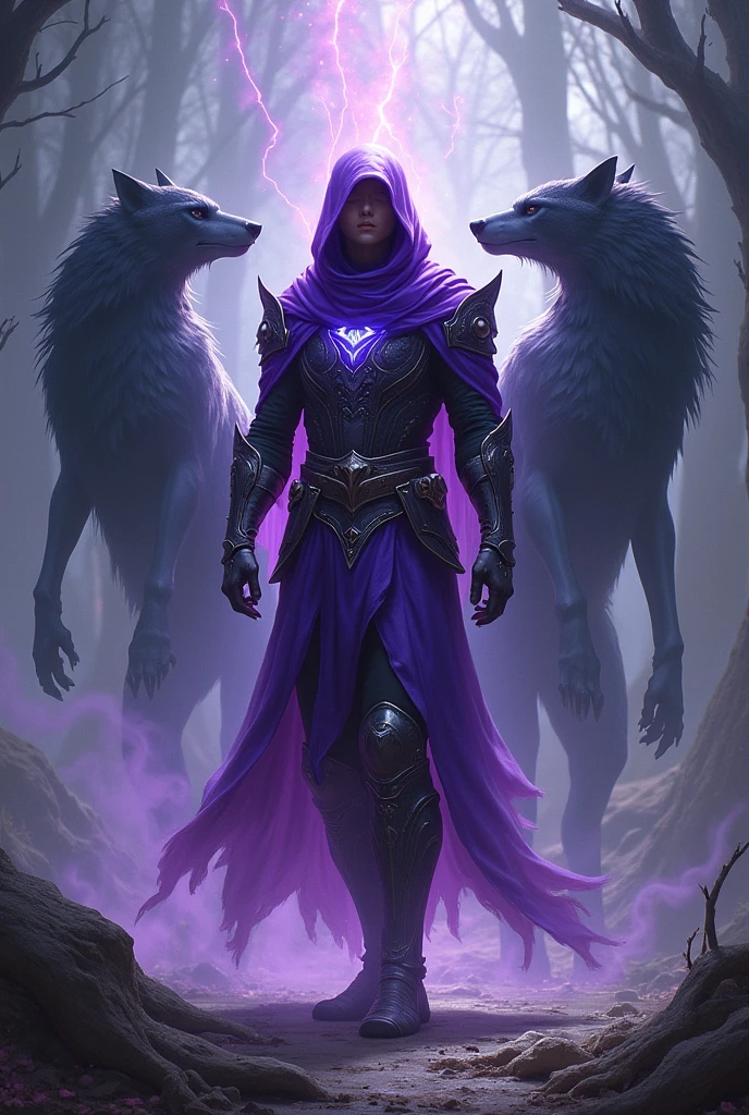 An RPG ranger who commands various mystical animals. Shiny purple armor, not too heavy so as not to limit your movements.
The animals that accompany him are formed from black shadows