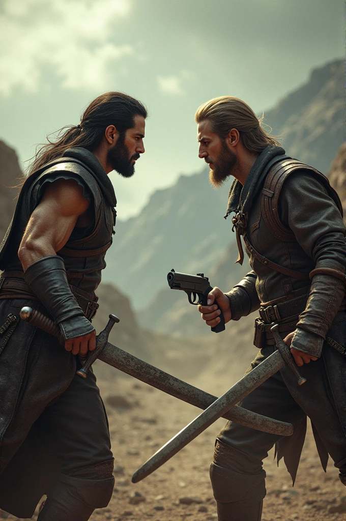 A man with sword kill a man with gun