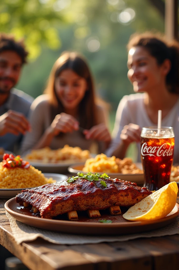 Family enjoying wood-roasted pork ribs , BBQ style. With its delicious rice. ,and sauce , eating with tortillas made of corn and drinking a very cold Coca Cola soda
