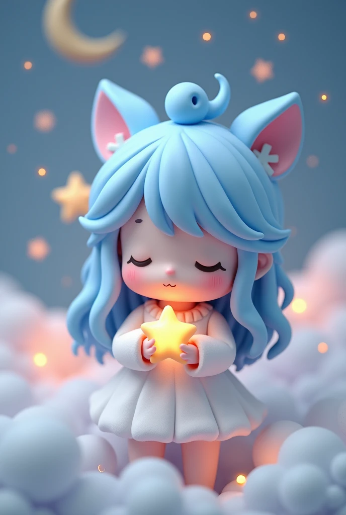 “Create a whimsical and serene art toy character inspired by the night sky. The character should have soft, pastel blue hair styled in gentle waves and wear a fluffy, cloud-like dress. The character is holding a small, glowing star close to their chest, and their eyes are closed, giving them a peaceful expression. The background should feature subtle, dreamy elements like clouds, crescent moons, and tiny stars, all in soft, muted tones to complement the character’s gentle appearance.”