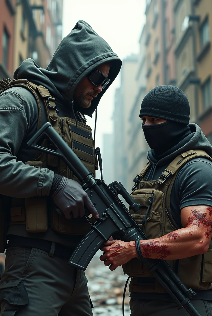 hooded man with black glasses, helmet and full military gear, pointing a tactical shotgun at a looter with black glasses, Ski mask, UV protection clothing, right arm bloody almost separated from his body.