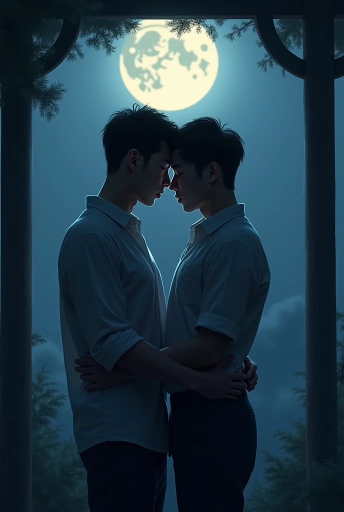 Two Asian men not showing their faces kissing in the shade under a full moon