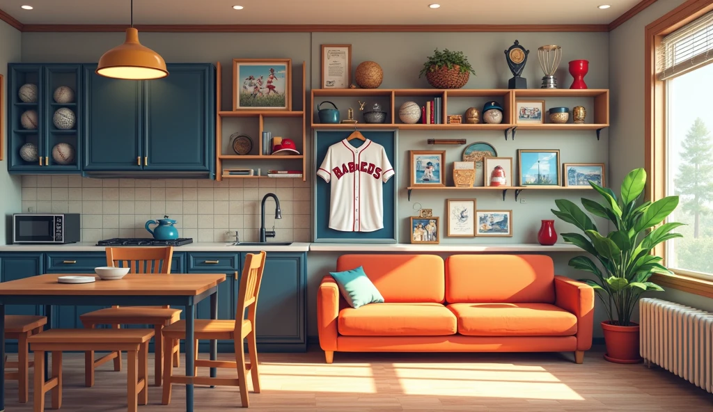 This American-style dormitory is home to baseball players. The first floor common area is bright and spacious, with a living room, kitchen, and a display case filled with baseball memorabilia.