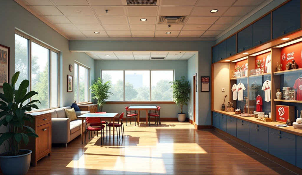 This American-style dormitory is home to baseball players. The first floor common area is bright and spacious, with a living room, kitchen, and a display case filled with baseball memorabilia.