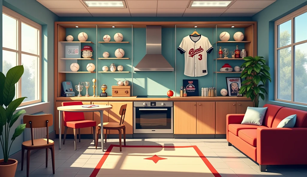 This American-style dormitory is home to baseball players. The first floor common area is bright and spacious, with a living room, kitchen, and a display case filled with baseball memorabilia.