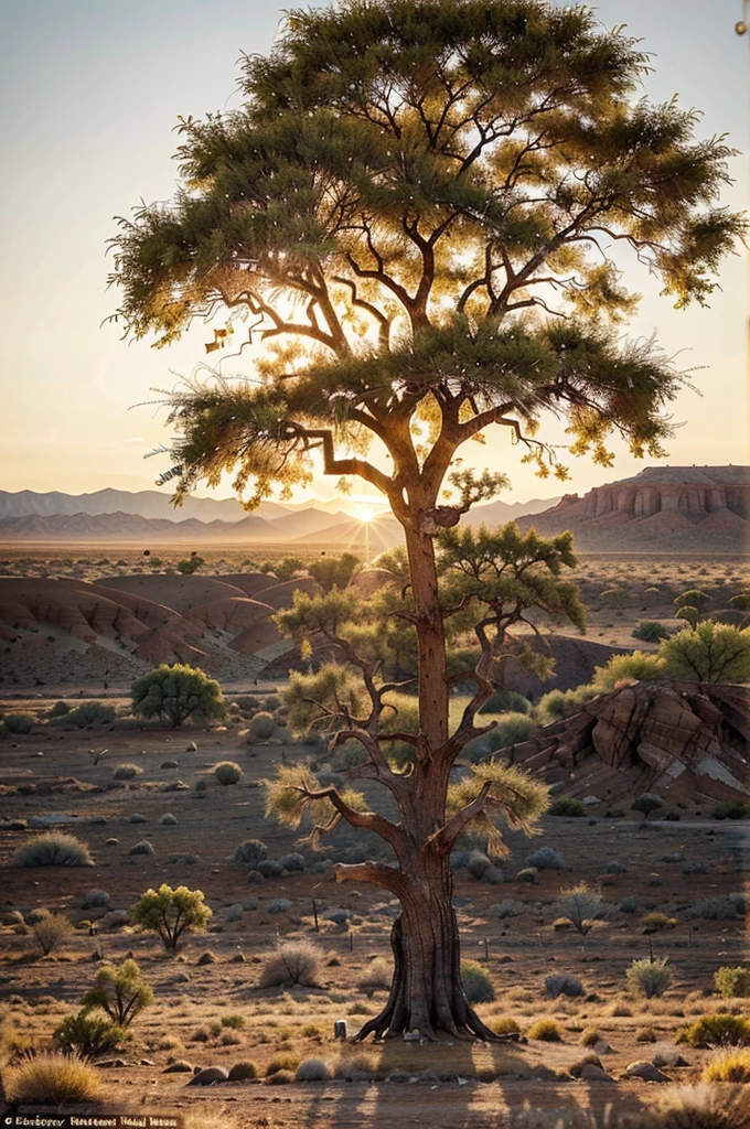 A majestic lone tree stands tall in the expansive desert landscape during the enchanting golden hour. Adorned with textured bark, (the tree is inhabited by charming little elephants with wrinkled skin, joyously climbing its sturdy branches to reach vibrant leaves.) The warm sun casts a mesmerizing golden glow over the scene. This breathtaking image could be a painting, capturing the essence of both solitude and playful exploration in a harmonious yet striking composition. Vibrant colors and exquisite attention to detail make this image truly captivating and unforgettable.