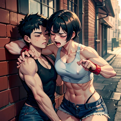 whole body picture of two persons. a male streetfighter is striking a female streetfighter's cheek by hard punch in the backstreet. she is beated down. she is bloody. she has big pain. she is crying and screaming. she is beautiful and young. she is covered in scars and bruises. she is damaged terribry. Short-cut black hair, out of breath, drooling from mouth, one eye is closed, exhausted, drenched in sweat. Erect nipples, open finger glove, Whittled waistline, muscular, six-pack abs, Ragged tanktop and denim shorts.