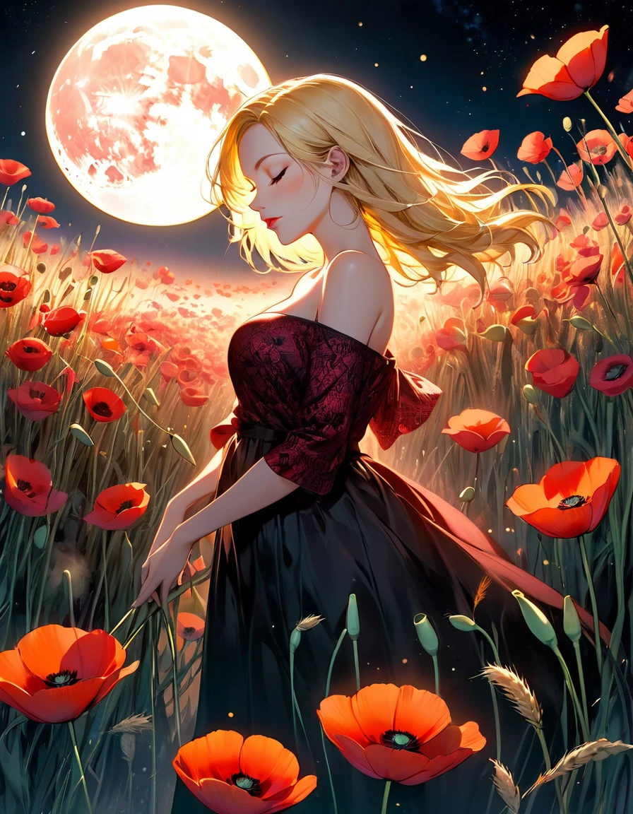 A digital illustration depicts a young woman standing in profile among a sea of vibrant black stars likely poppies, in a mystical field at night. The woman has short Green neon fire sexy Sensual big tits blonde hair that flows dramatically behind her, caught in a gentle breeze, creating a sense of movement and adding depth to the scene. She wears an off-the-shoulder, red dress adorned with intricate corvos patterns featuring pink Neon and pink stars, as well as small geometric designs. Her face is turned slightly upward, eyes closed, and lips slightly parted, exuding a serene and contemplative expression. The background features a massive, luminous full moon red dominating the upper center of the image, casting a warm, golden-black glow across the scene. The moon's surface is highly detailed with visible craters and textures, creating a surreal and enchanting atmosphere. The sky surrounding the moon transitions from deep midnight pink to a reddish-pink hue near the horizon, dotted with scattered stars. The foreground is filled with numerous bright red flowers with black centers and delicate, paper-thin petals, their slender green stems and leaves visible. Some flowers appear to glow softly, enhancing the magical quality of the scene. Behind the flowers, tall, golden wheat-like stalks add depth and texture to the midground. The overall composition is centered on the woman, with the moon providing dramatic backlighting that highlights her silhouette. The color palette is dominated by deep reds, vibrant oranges, charcoal blacks, and warm yellows, creating a high-contrast, low-luminance scene with rich saturation. The lighting is soft and diffused, emphasizing the ethereal quality of the moment and contributing to the surreal, dream-like quality of the illustration.